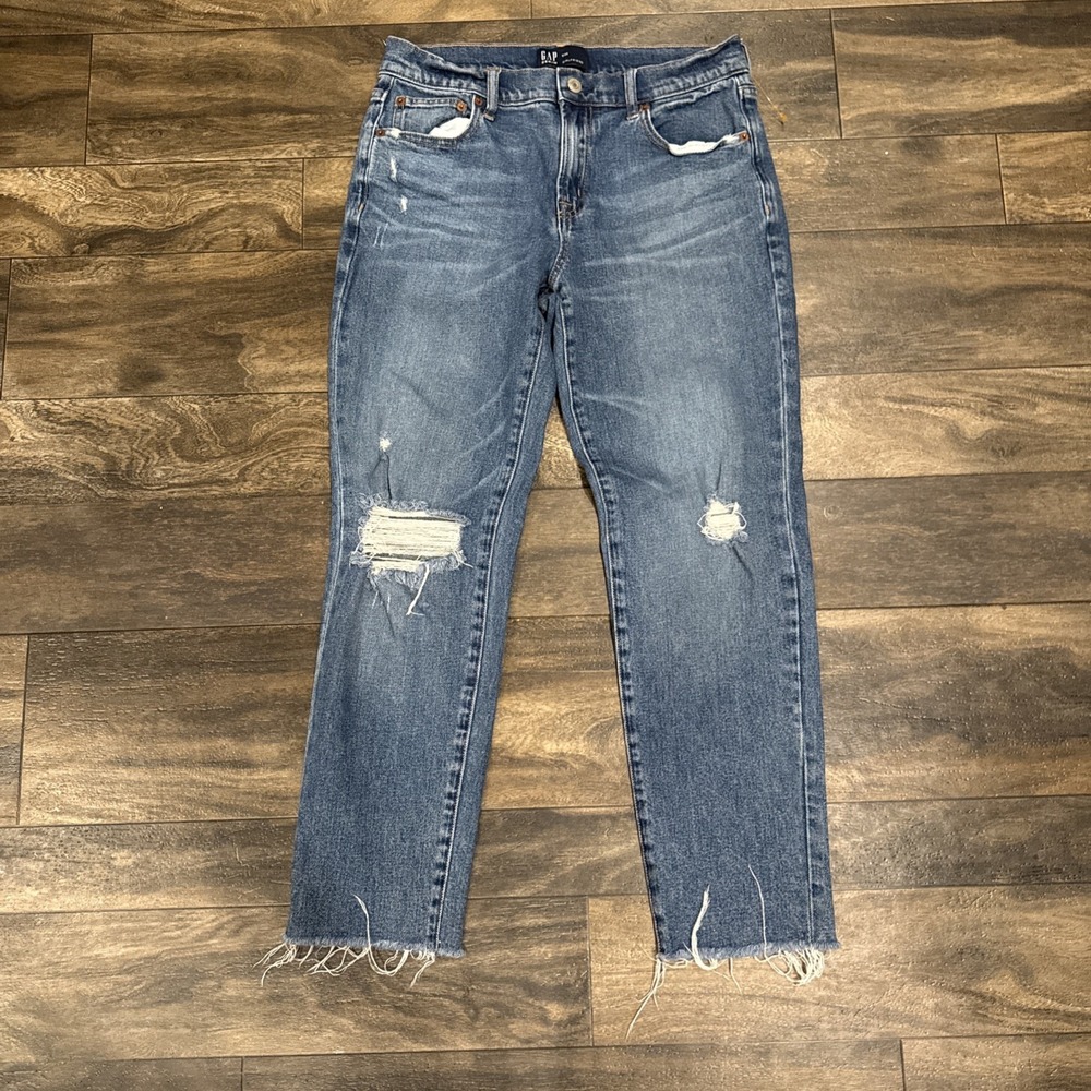 Gap Denim Jeans Girlfriend Distressed Raw Hem Mid-Rise Women's Size 6/28 Dark